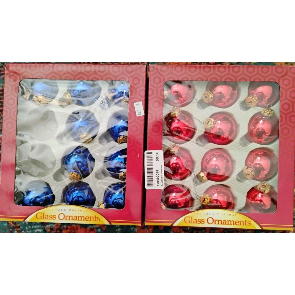 Vtg Holiday Glass Christmas Ornaments Lot 2 Boxes Red Blue Ball Bulbs 22 Total